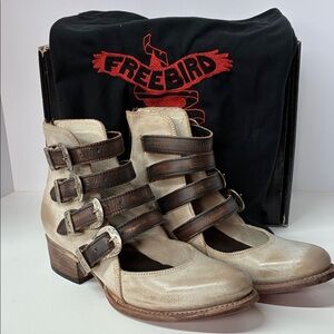 Freebird Cream and Brown Ankle Boots with Buckles